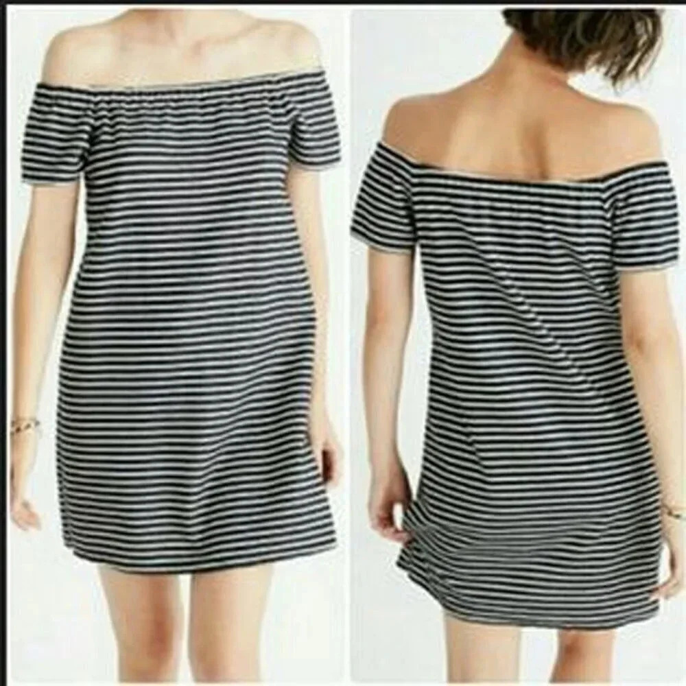 MADEWELL MELODY DRESS Sz Medium BLACK WHITE STRIPE SHORT SLEEVE OFF SHOULDER - Picture 2 of 8